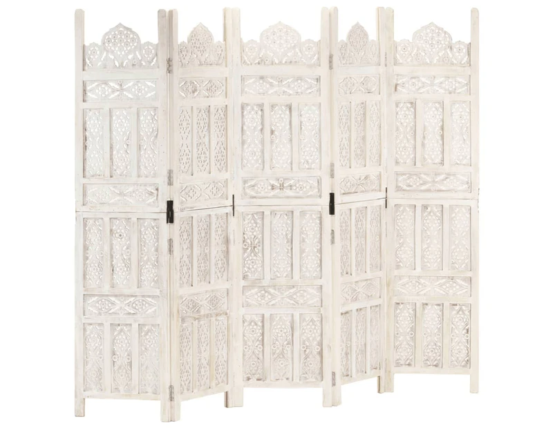 vidaXL Hand carved 5-Panel Room Divider White 200x165 cm Solid Mango Wood