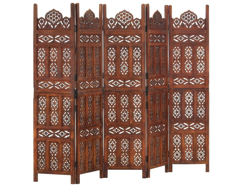 vidaXL Hand carved 5-Panel Room Divider Brown 200x165 cm Solid Mango Wood