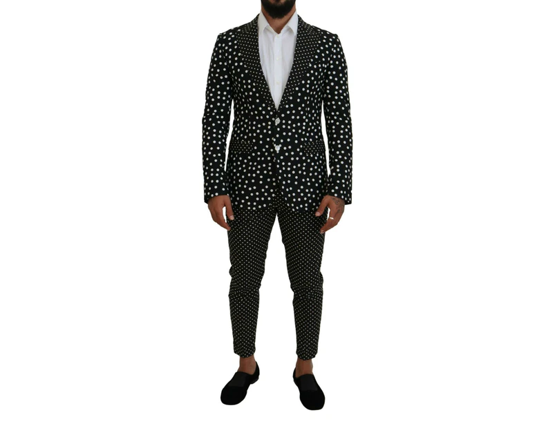 Silk Polka Dot Peak Lapel Suit Set - Black