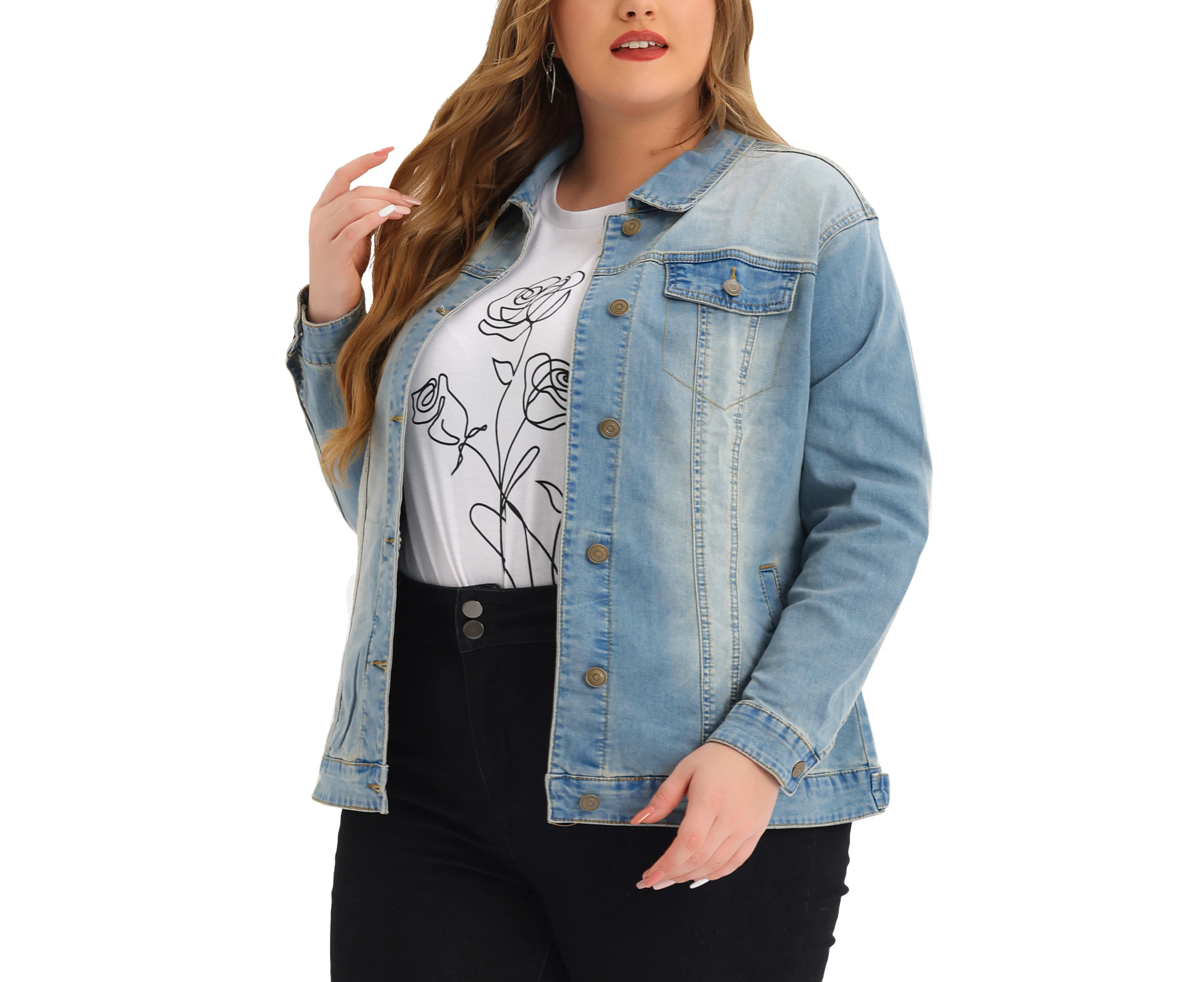 Agnes Orinda Plus Size Stitching Button Front Washed Denim Jacket Light Blue