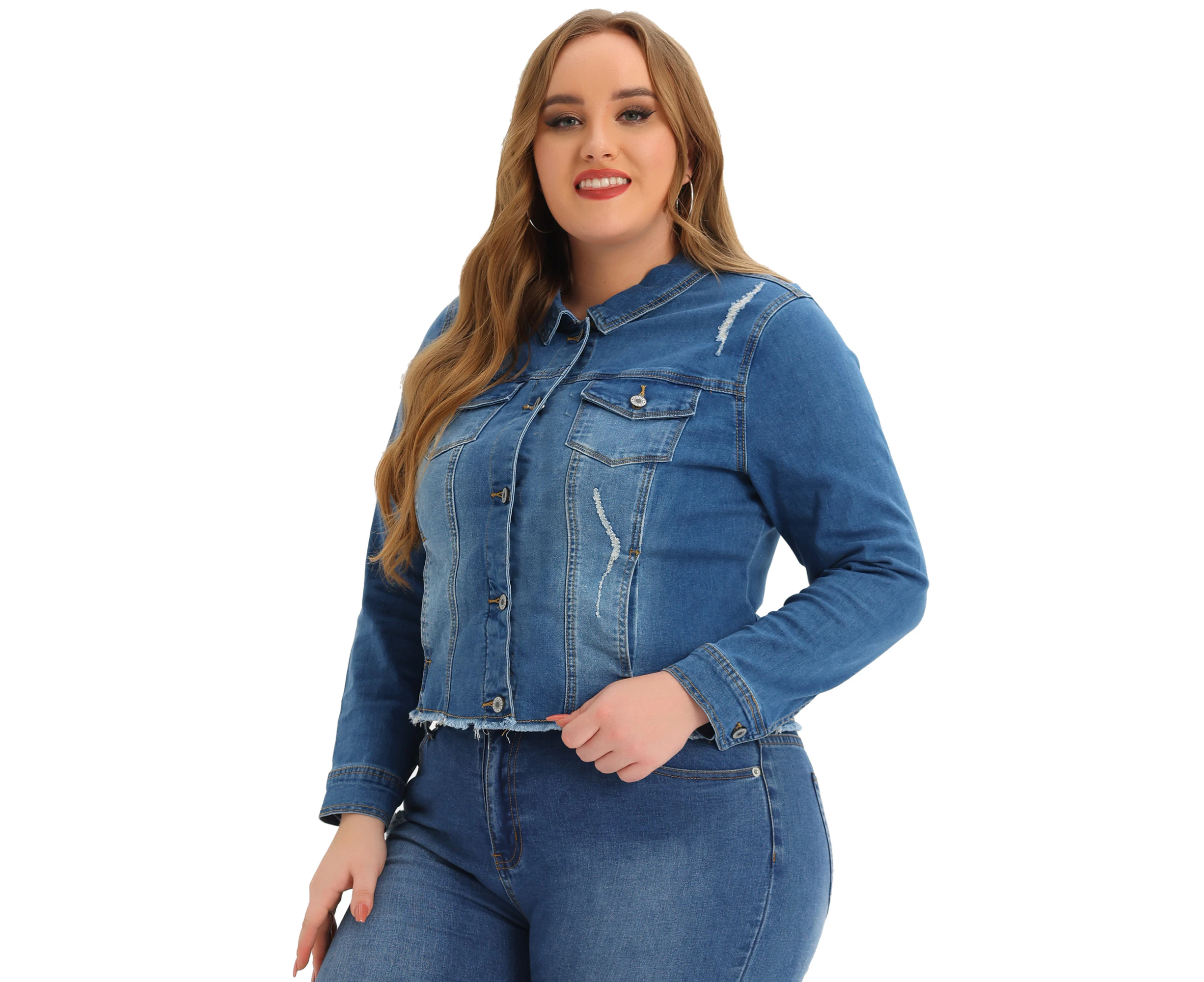 Agnes Orinda Plus Size Classic Washed Front Frayed Denim Jacket Blue Ripped