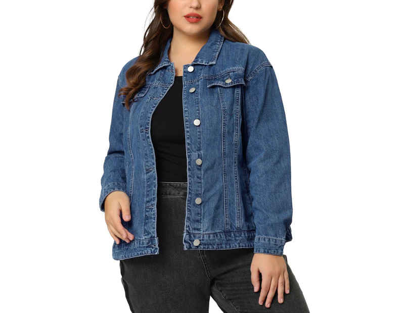 Agnes Orinda Plus Size Stitching Button Front Washed Denim Jacket Denim Blue