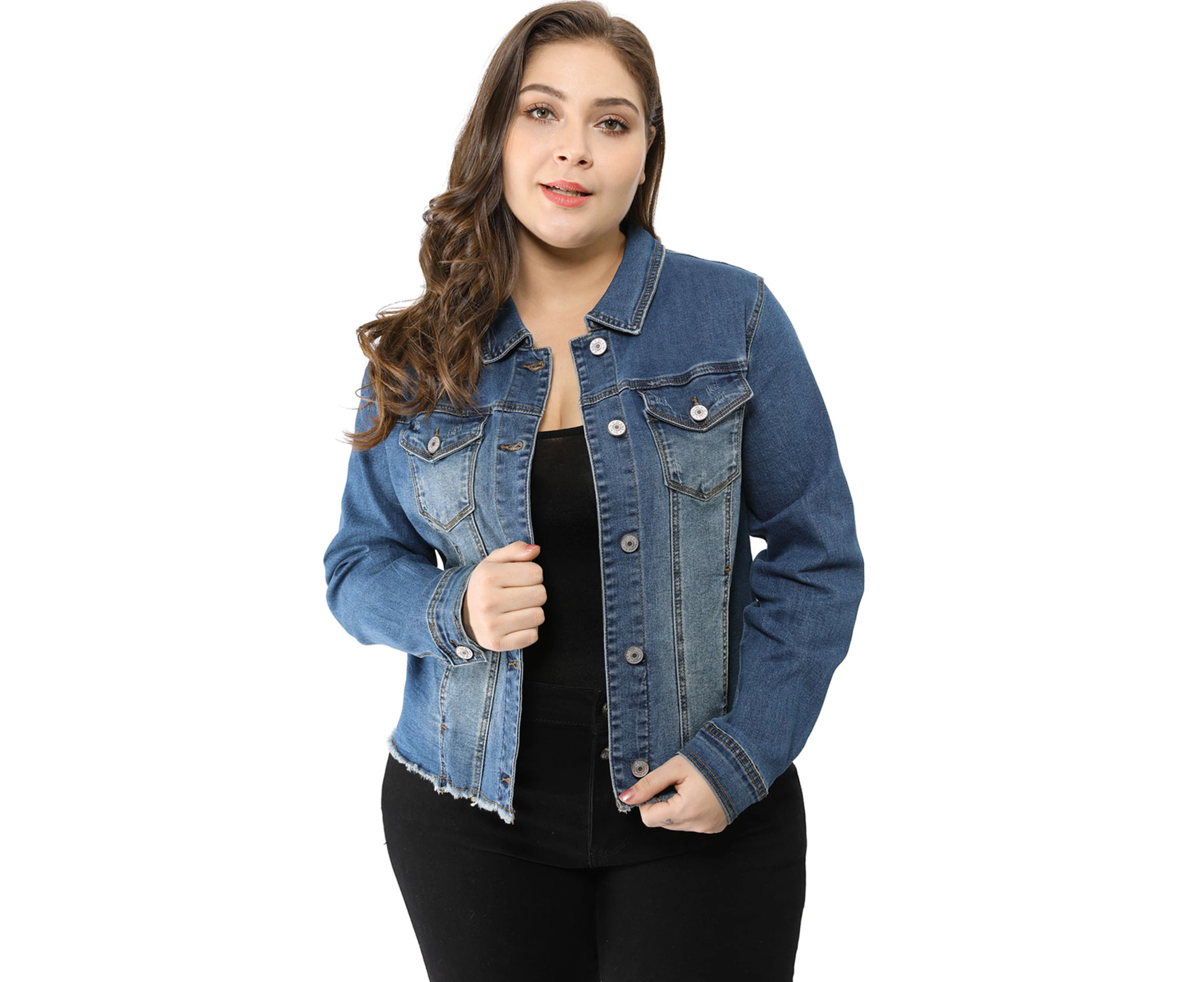 Agnes Orinda Plus Size Classic Washed Front Frayed Denim Jacket Blue