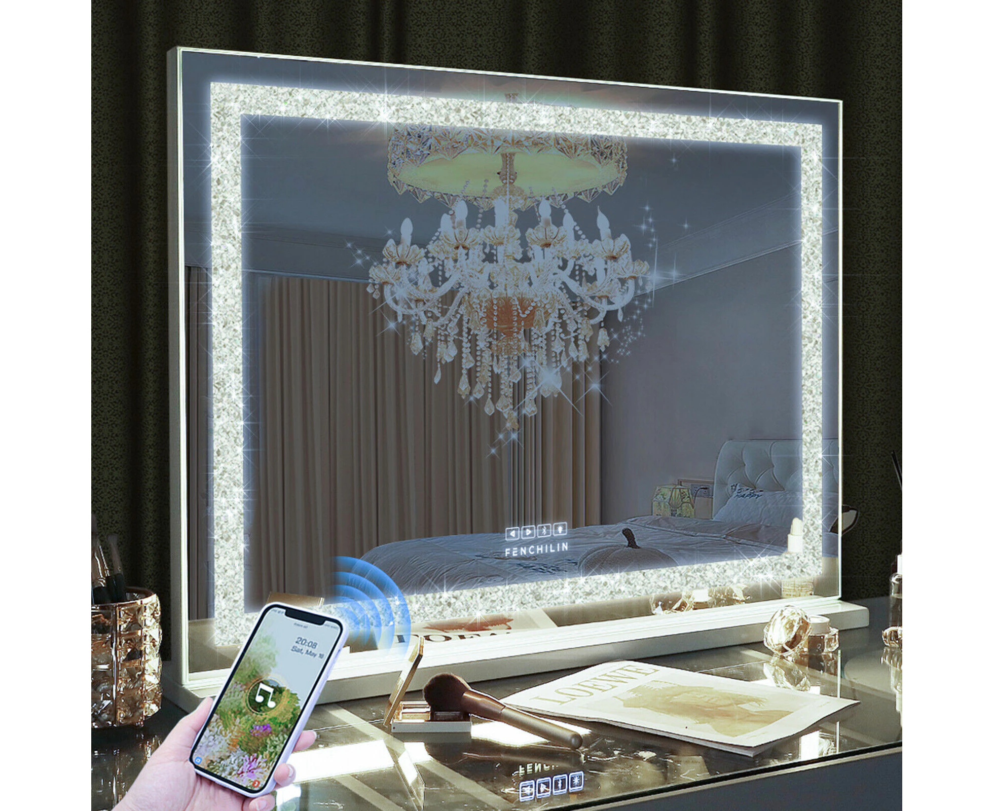 FENCHILIN Crystal Vanity Makeup Mirror With Lights Bluetooth Hollywood Mirror with USB Charge LED Mirror Standing Wall