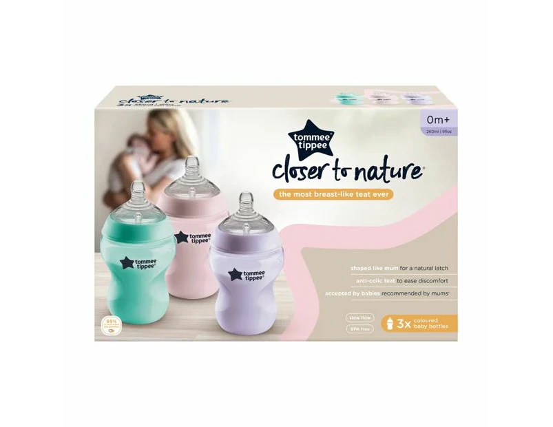 Tommee Tippee Closer to Nature Colour My World Baby Bottle 260ml - 3 pack - Pink