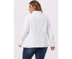 Agnes Orinda Plus Size Stitching Button Front Washed Denim Jacket White