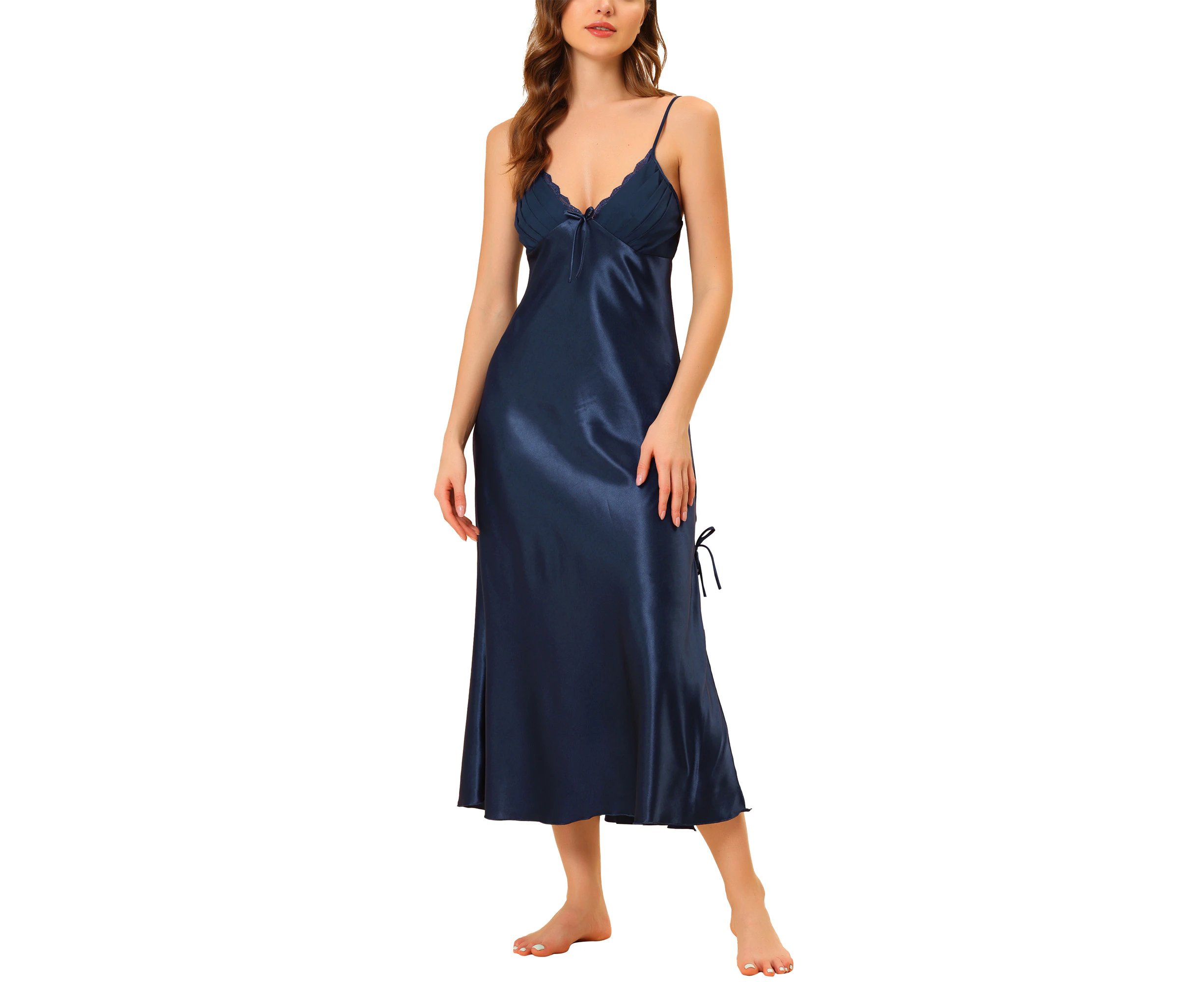 Cheibear Satin Slip Dress Chemise Silky Lounge Camisole Maxi Nightgowns Blue