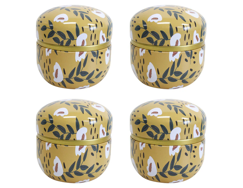 4x Mustard Floral 8.5cm Metal Tin Home/Bedroom Decor Jewellery Trinket/Canister