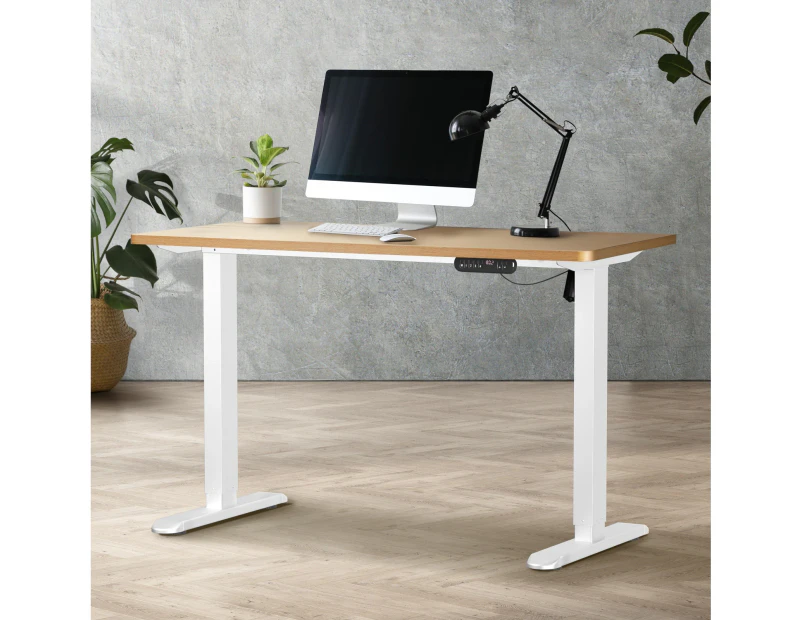 Oikiture 120CM Electric Standing Desk Single Motor Height Adjustable Sit Stand Table White Frame OAK Tabletop