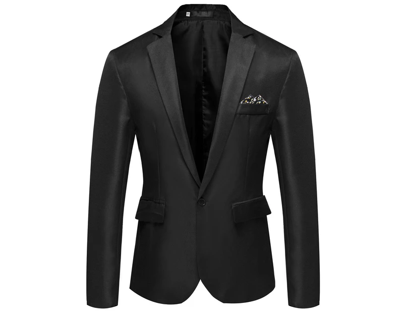Men Notch Lapel Business Formal Blazer Jacket Business Work Wedding Party One Button Smart Suit Coat - Black