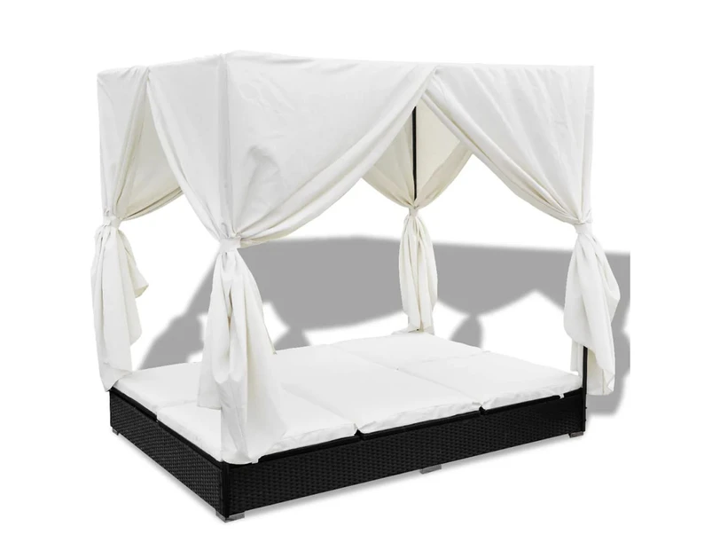 vidaXL Outdoor Lounge Bed with Curtains Poly Rattan Black