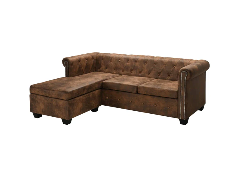 L-shaped Chesterfield Sofa Artificial Suede Leather Brown