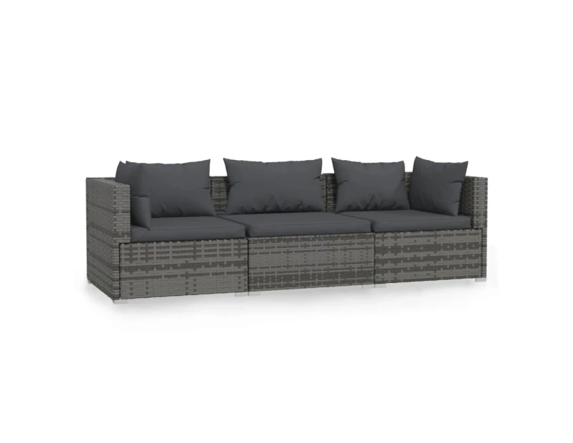 3-Seater Sofa with Cushions Grey Poly Rattan