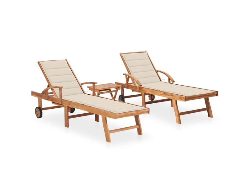 Sun Loungers 2 pcs with Table and Cushion Solid Teak Wood