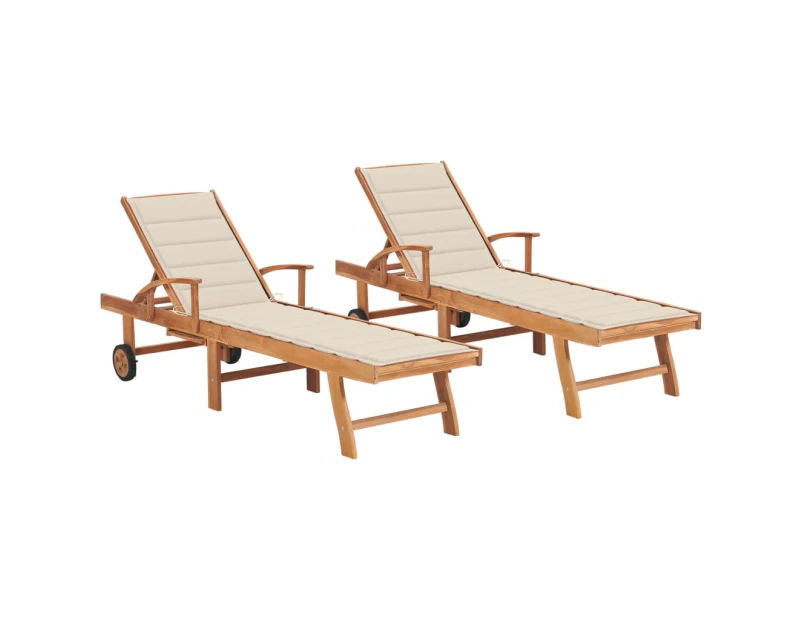 vidaXL Sun Loungers 2 pcs with Cream Cushion Solid Teak Wood