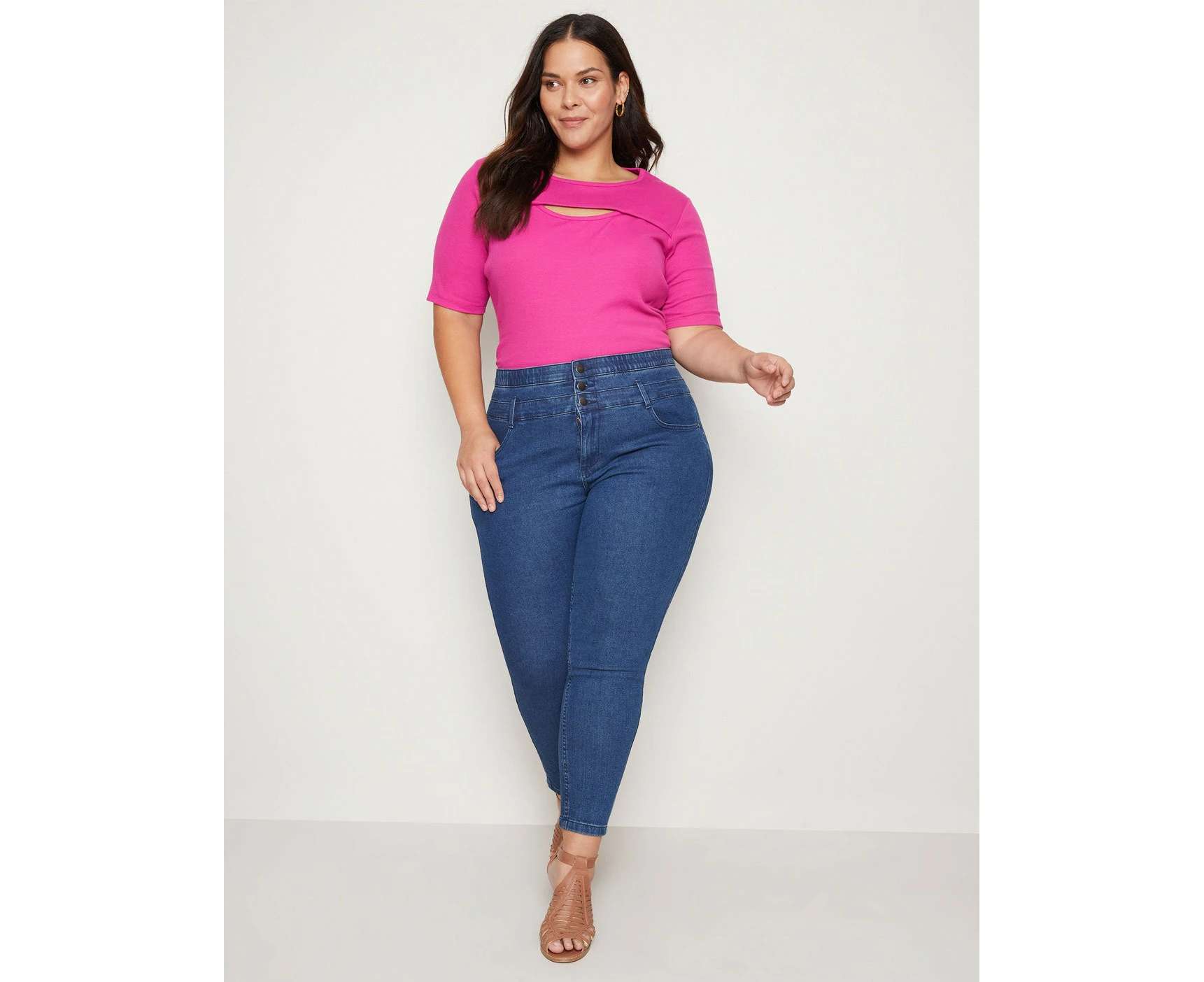 Autograph - Plus Size - Womens Winter Tops - Pink Basic - Vivid - Work Clothes - Raspberry - Elbow Sleeve - Cutout Ribbed - Casual Fashion Office Wear