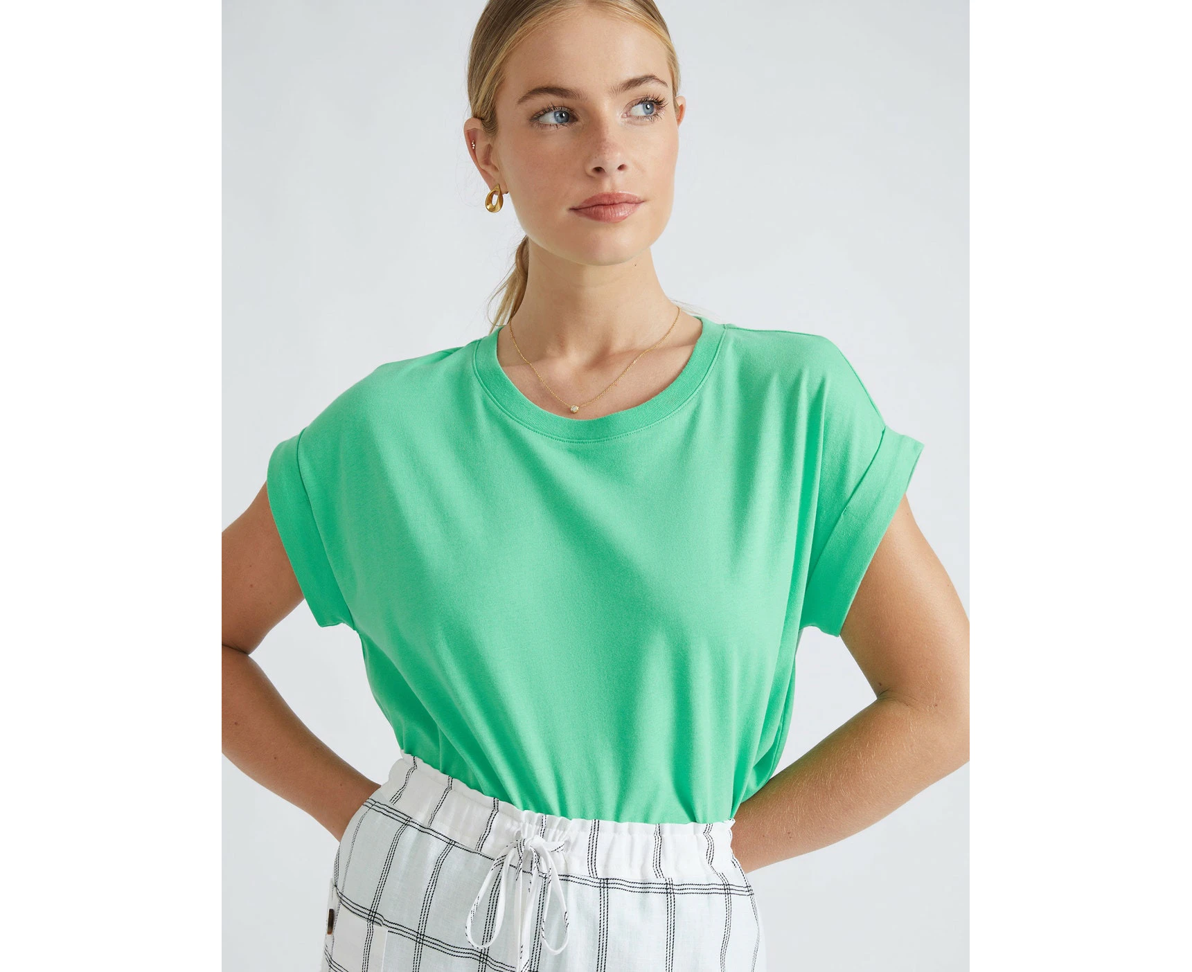 Katies - Womens Summer Tops - Green Basic - Cotton - Vivid Smart Casual Fashion - Emerald - Short Sleeve - Smocked Trim - Office Wear - Work Clothes