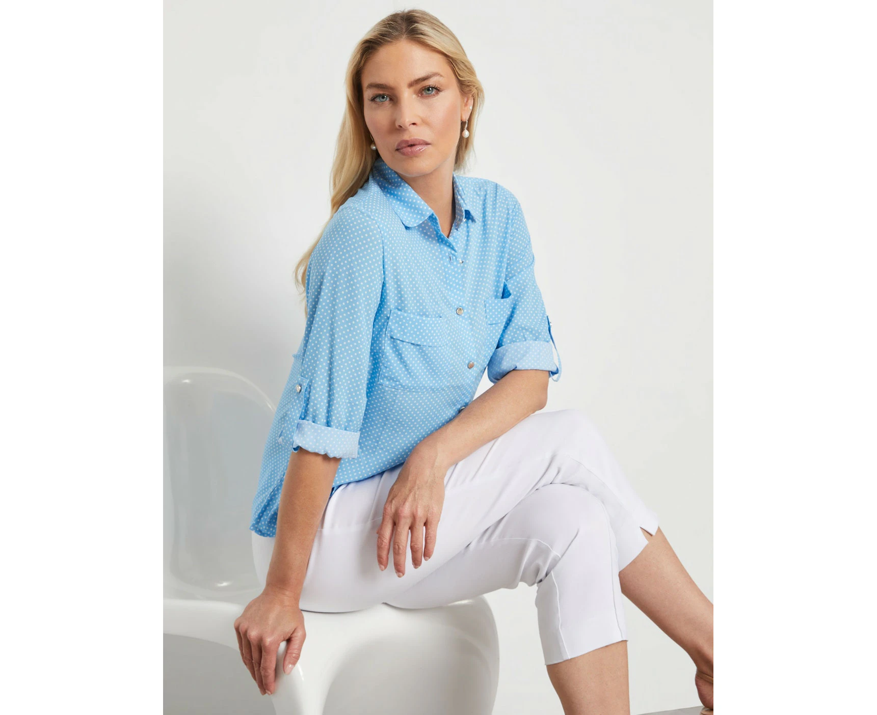 Noni B - Womens - Tops - Summer - Blouse / Shirt - Blue - Long Sleeve - Polka Dot Ceramic - Relaxed Fit - Casual Fashion - Office Wear - Work Clothes