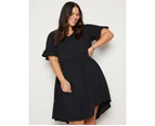 AUTOGRAPH - Plus Size - Womens Dress -  V Neck Frill Sleeve Over The Knee Woven Dress - Black