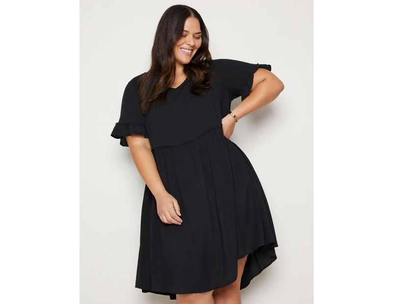 AUTOGRAPH - Plus Size - Womens Dress -  V Neck Frill Sleeve Over The Knee Woven Dress - Black