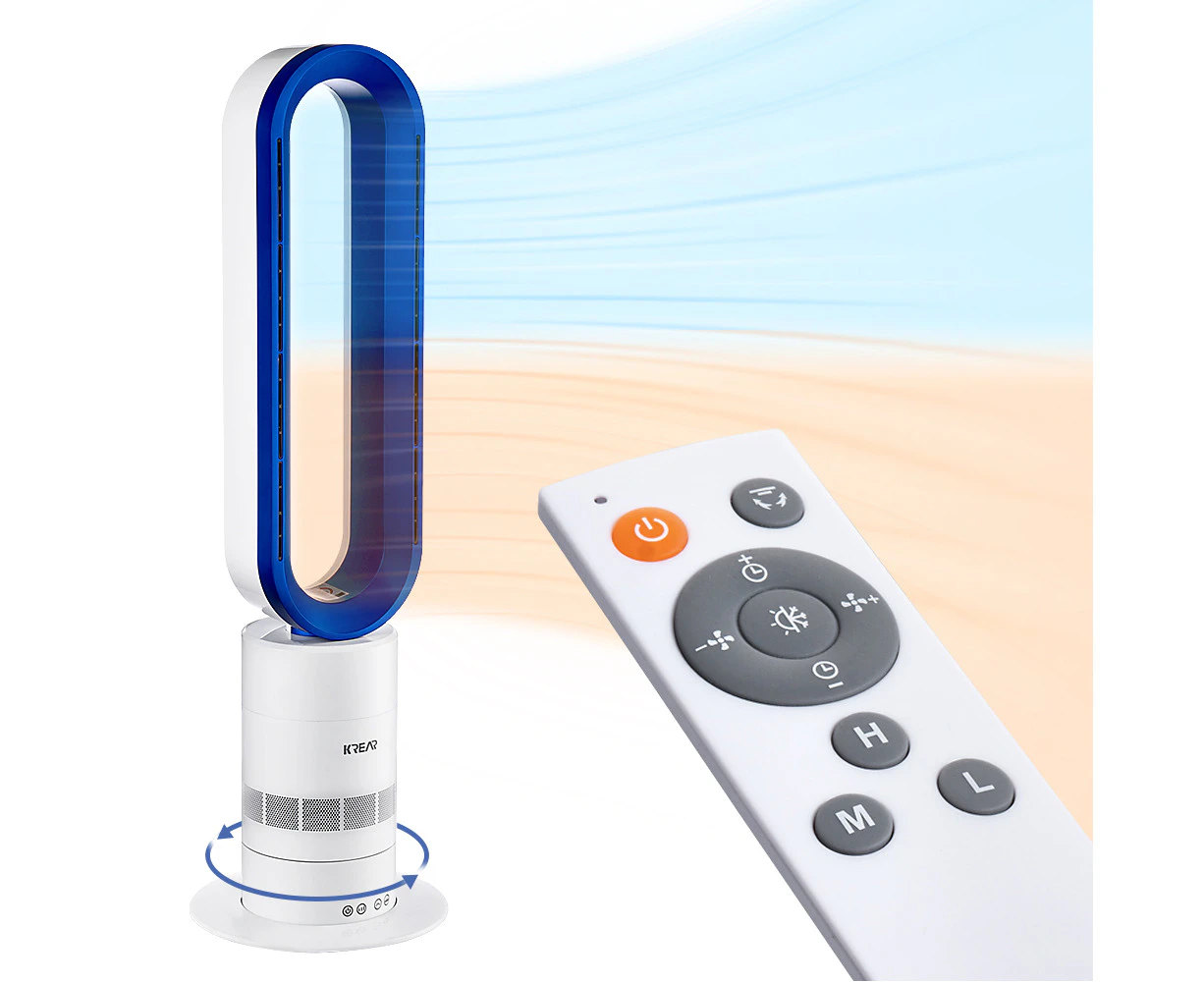 Krear Bladeless Tower Fan 2 IN 1 Oscillating Cooler / Heater Portable Fans With Remote Control Blue