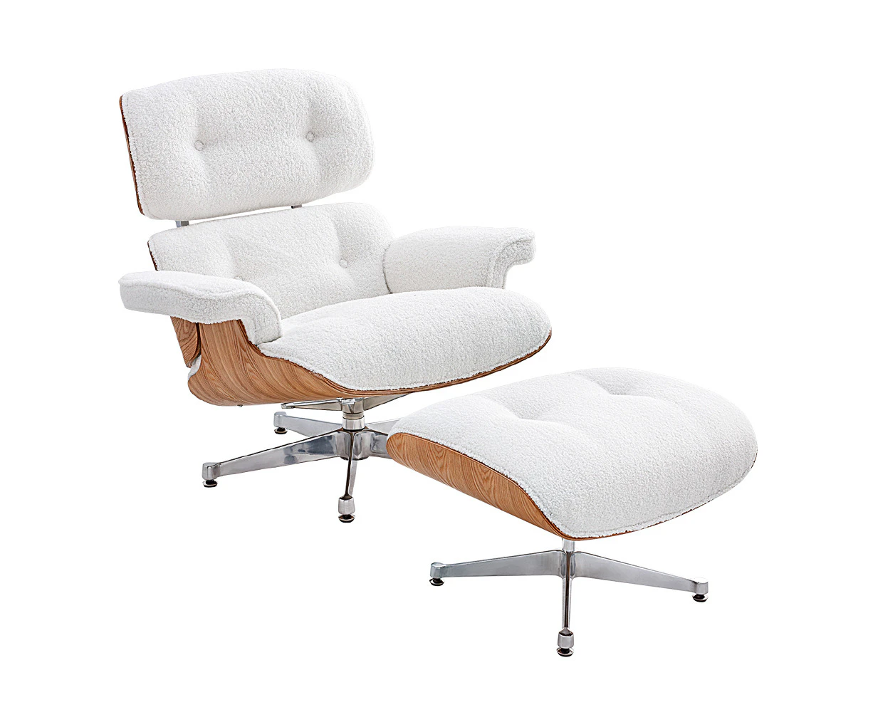 Furb Executive Lounge Chair Sherpa Fabric Classic Armchair Ottoman White