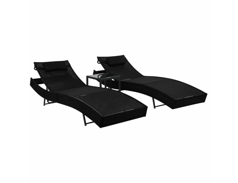 vidaXL Sun Loungers 2 pcs with Table Poly Rattan and Textilene Black