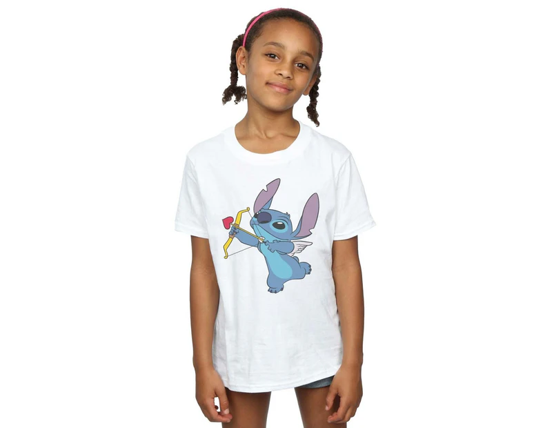 Disney Girls Lilo And Stitch Stitch Cupid Valentines Cotton T-Shirt (White) - BI50701
