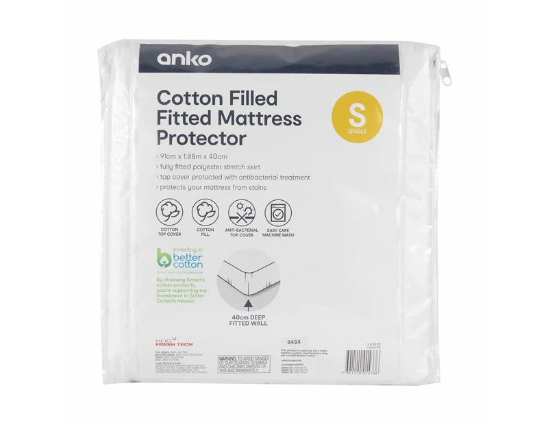 Cotton Filled Fitted Mattress Protector, Single Bed - Anko - White