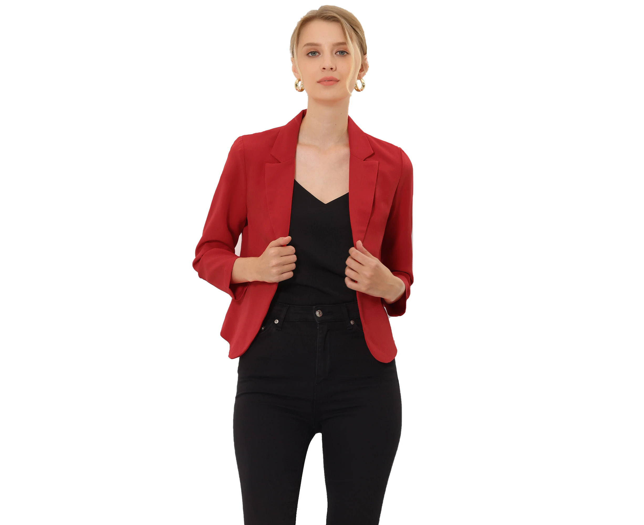 Allegra K Open Front Business Casual Workwear Crop Suit Blazer Jacket Red-solid