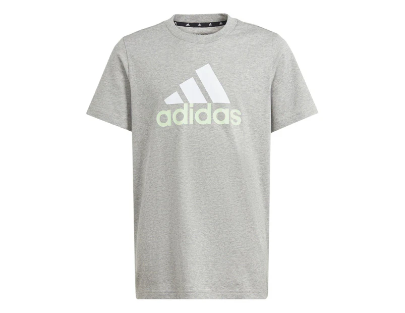 Adidas Youth Essentials Two-Coloured Big Logo Tee / T-Shirt / Tshirt - Medium Grey Heather/White/Semi Green Spark