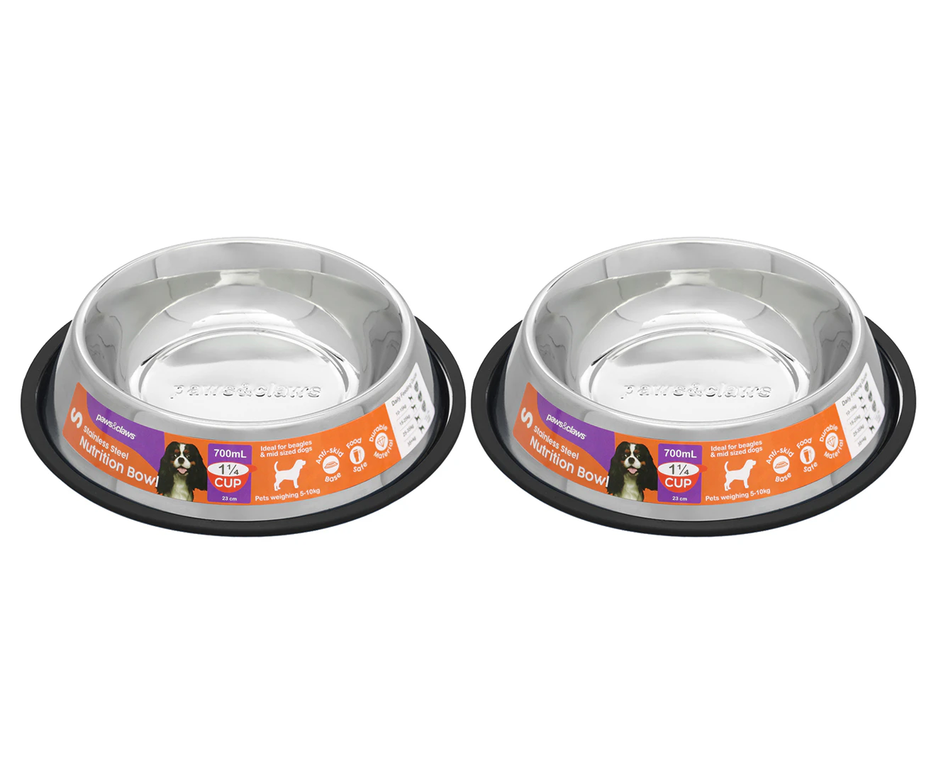 2 x Paws & Claws 700mL Stainless Steel Anti-Skid Pet Bowl - Black