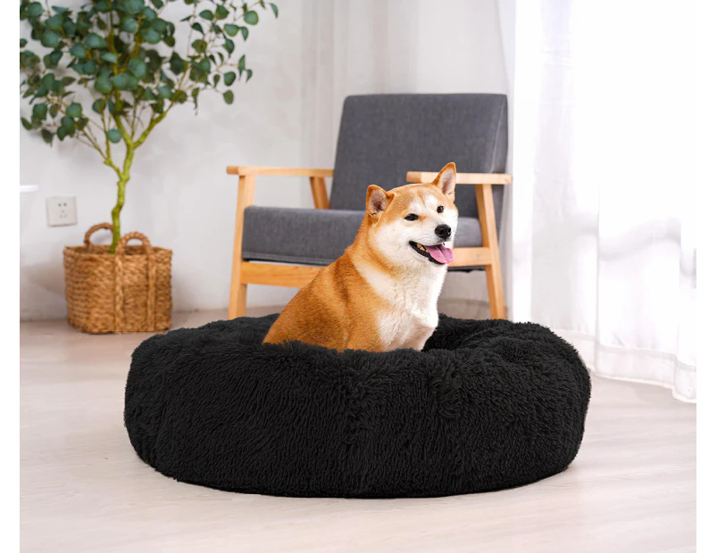 Paw Paws 80cm Large Faux Fur Donut Dog Bed - Black