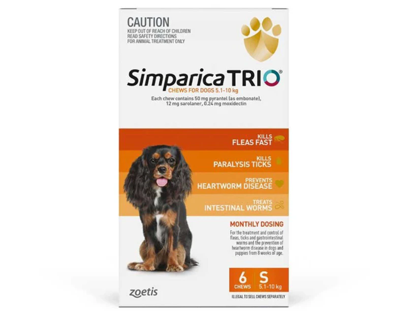 Simparica Trio Flea, Tick & Heartworm Chew for Small Dogs 5.1-10kgs - 6-Pack