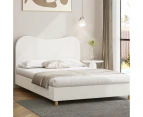 Oikiture Bed Frame Queen Size Boucle Cloud Shape Headboard Wood Slats White