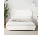 Oikiture Bed Frame Queen Size Boucle Cloud Shape Headboard Wood Slats White