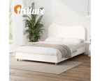 Oikiture Bed Frame Queen Size Boucle Cloud Shape Headboard Wood Slats White