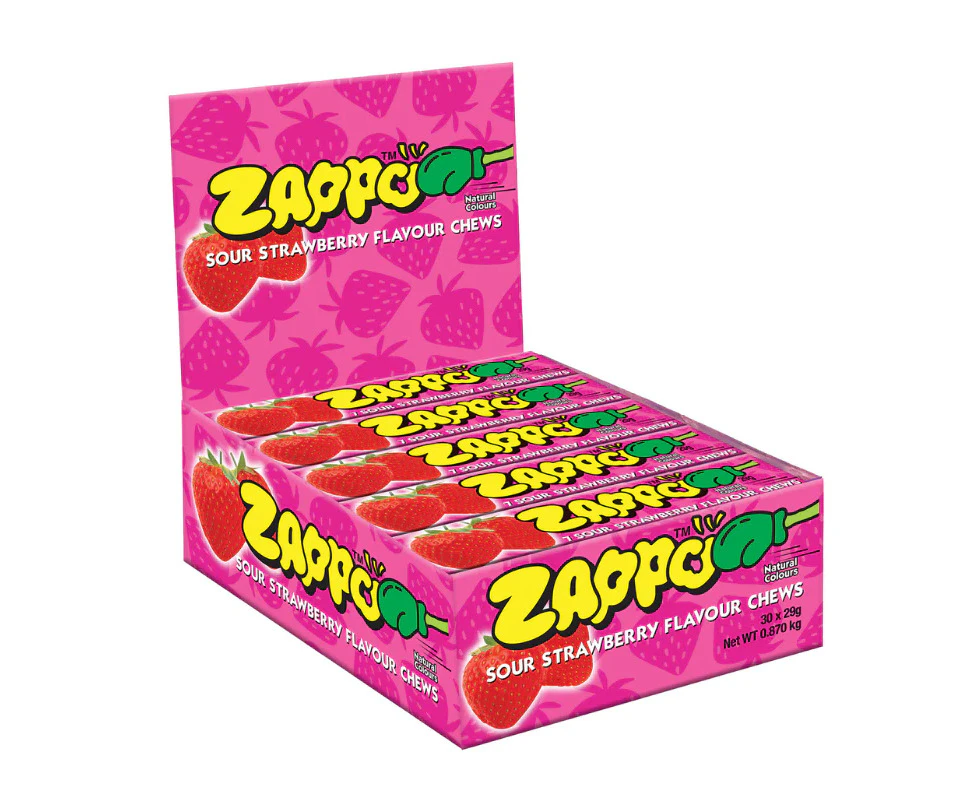 30pc Zappo Flavoured Confectionery/Lolly Chews Sour Strawberry Flavour 29g