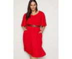 AUTOGRAPH - Plus Size - Womens Dress -  V Neck Elbow Sleeve Midi Woven Dress - Red