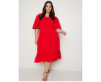 AUTOGRAPH - Plus Size - Womens Dress -  V Neck Elbow Sleeve Midi Woven Dress - Red