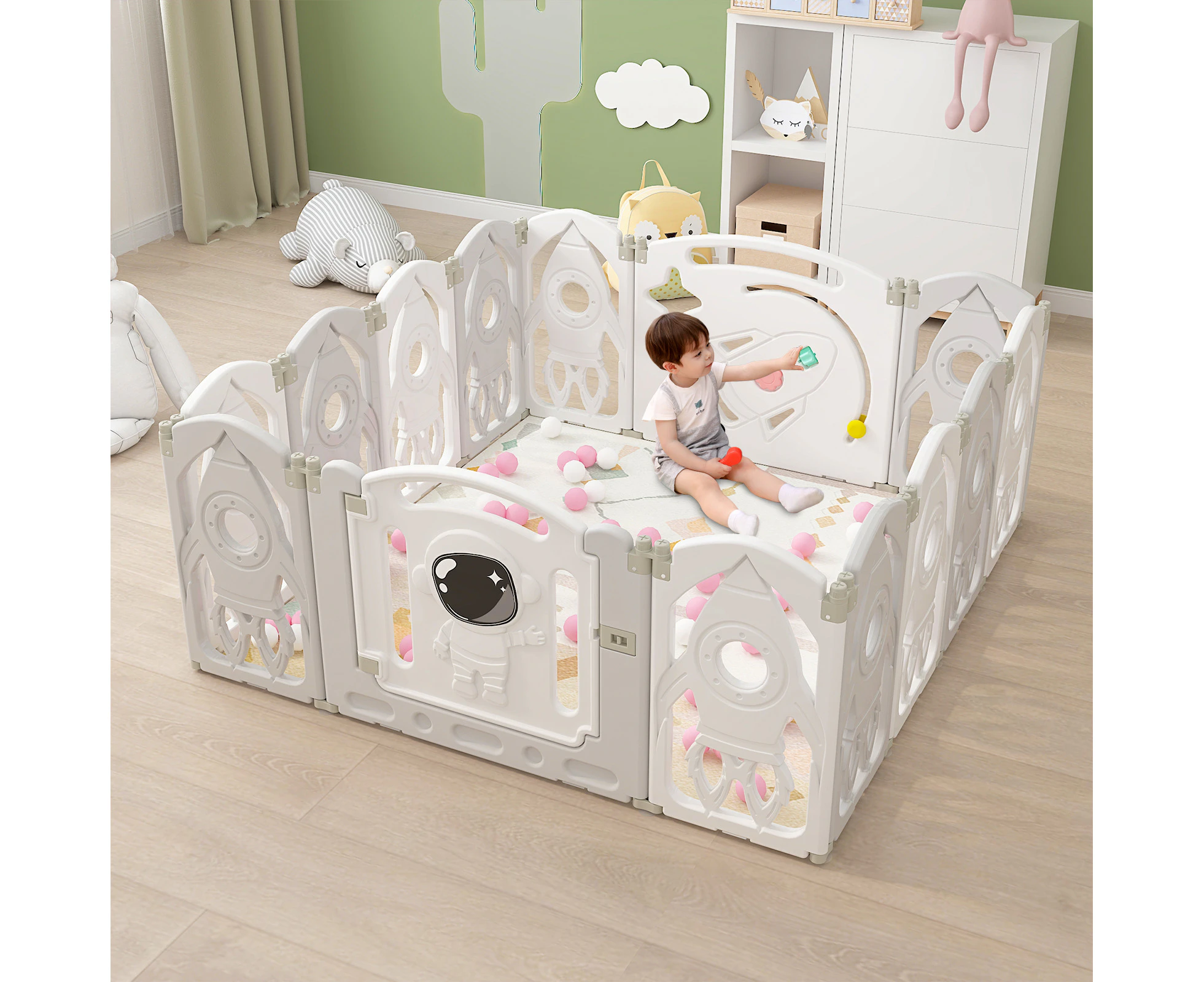 Advwin Foldable Baby PlayPen 14 Panels Kids Activity Centre Toddlers Safety Gate Indoor Outdoor - Grey