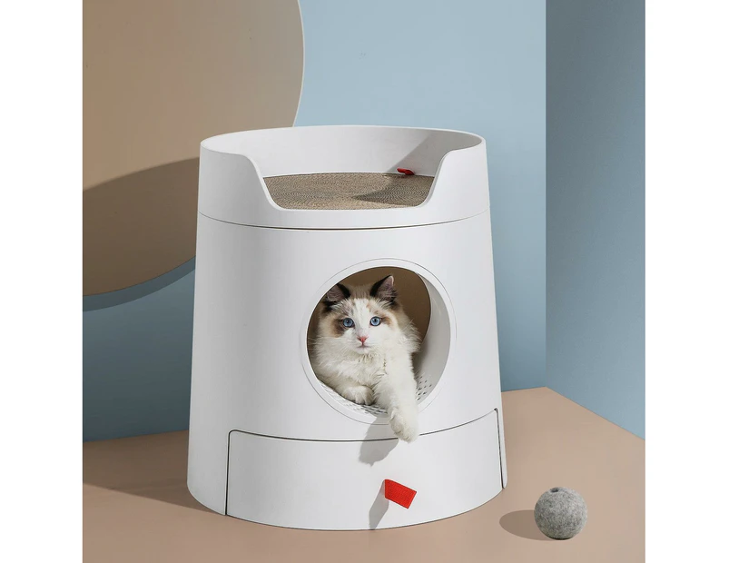 Michu XL Castle 2-in-1 Semi- Closed Cat Litter Box with Scratch Pad in White - Litter Box