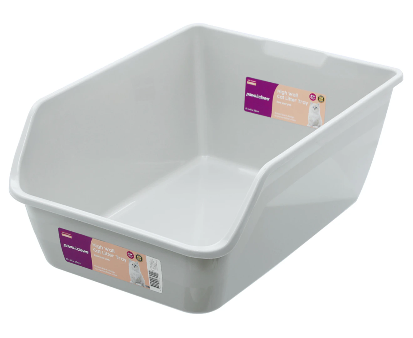 Paws & Claws High Wall 61cm Pet Cat/Kitten Waste Litter Tray w/ Raised Back Grey