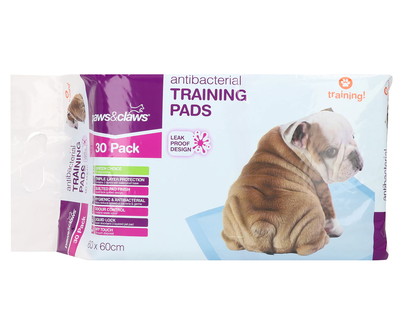 30pk Paws & Claws Antibacterial Training Pads