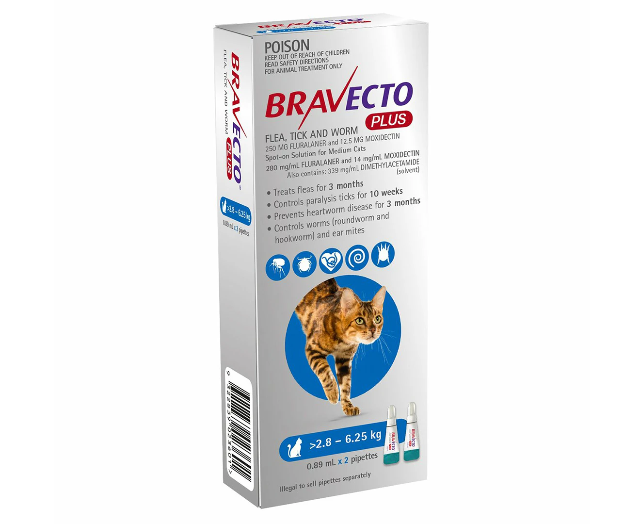 Bravecto Plus Cat 4 Month Spot On Tick & Flea Treatment 2.8-6.25kg Medium Blue