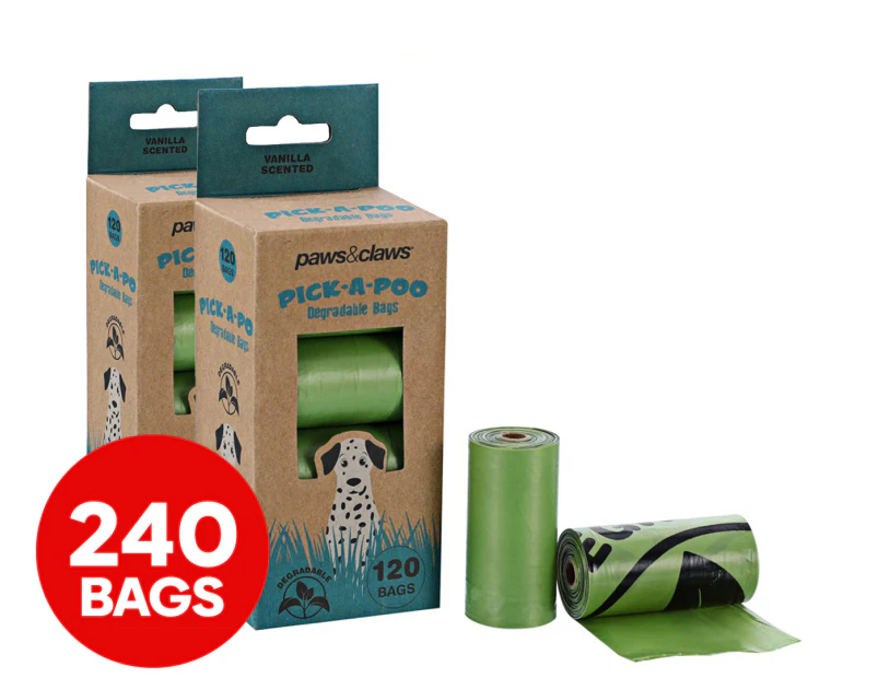 2 x 120pk Paws & Claws 22x32cm Pick-A-Poo Degradable Waste Bags Vanilla