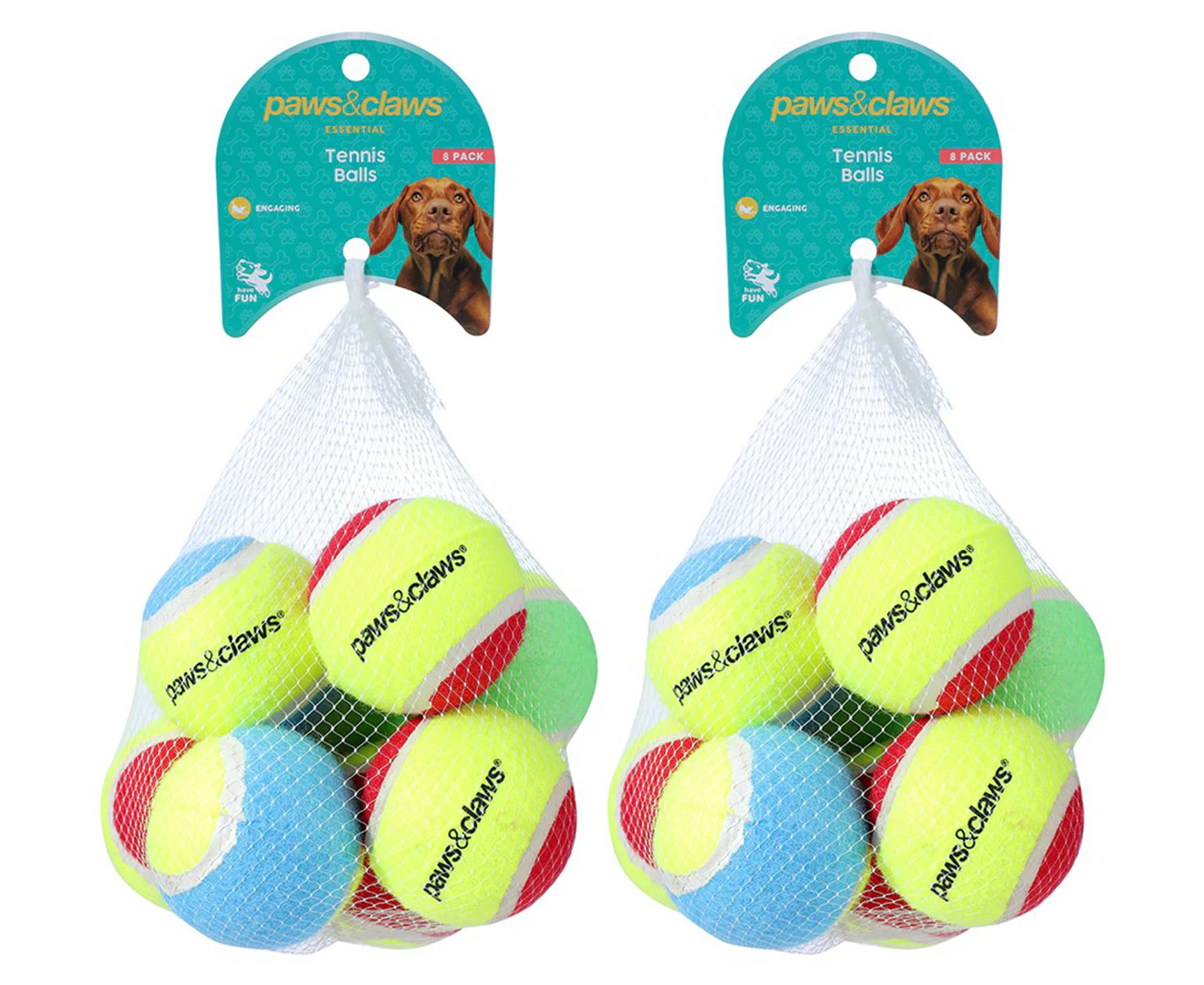 2 x 8pk Paws & Claws Extra Strong Pet Tennis Balls - Assorted