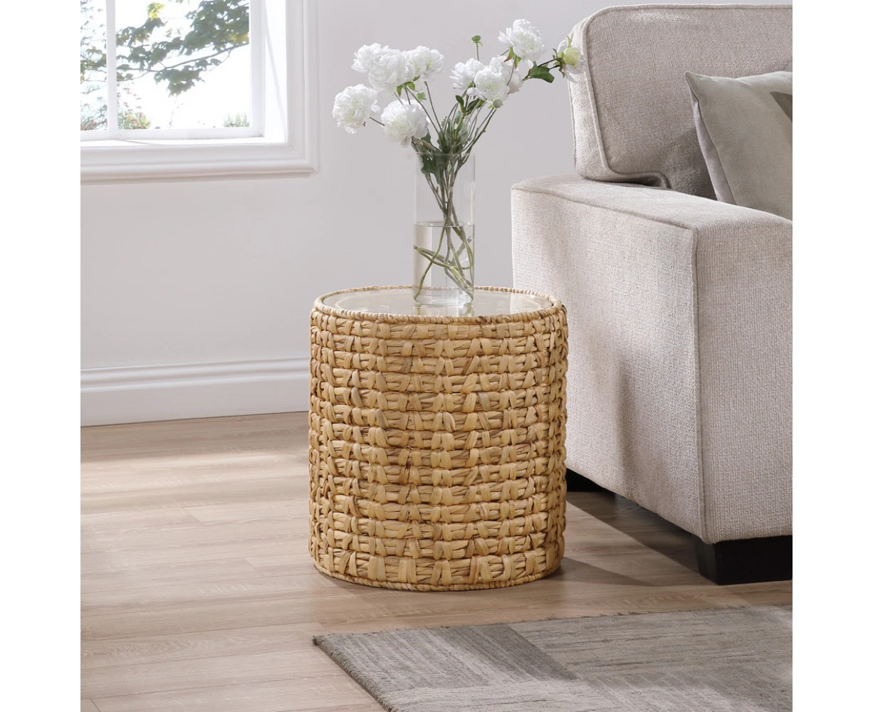 Kodu Beatrice Side Table Bedside Round Glass Top 41cm woven