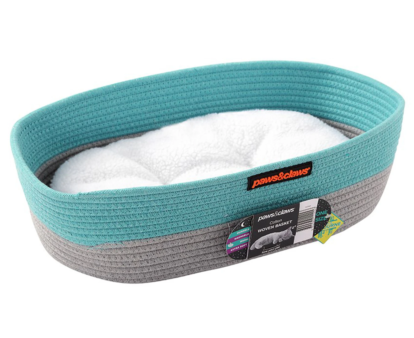 Paws & Claws 40x32cm Cotton Woven Basket Cat Bed w/ Cushion - Aqua/Grey