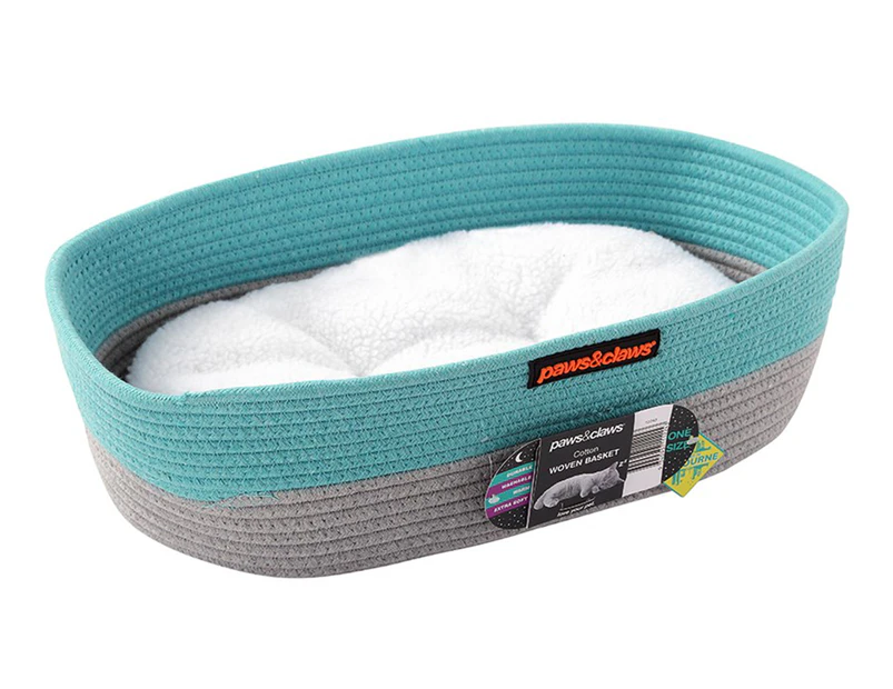 Paws & Claws 40x32cm Cotton Woven Basket Cat Bed w/ Cushion - Aqua/Grey